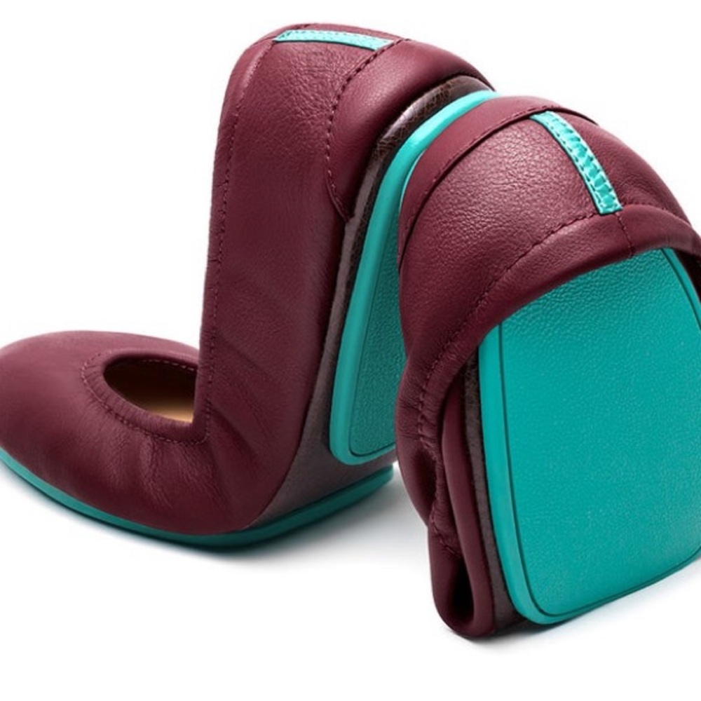 Tieks Burgundy Leather Ballet Flats Teal Sole Size 7